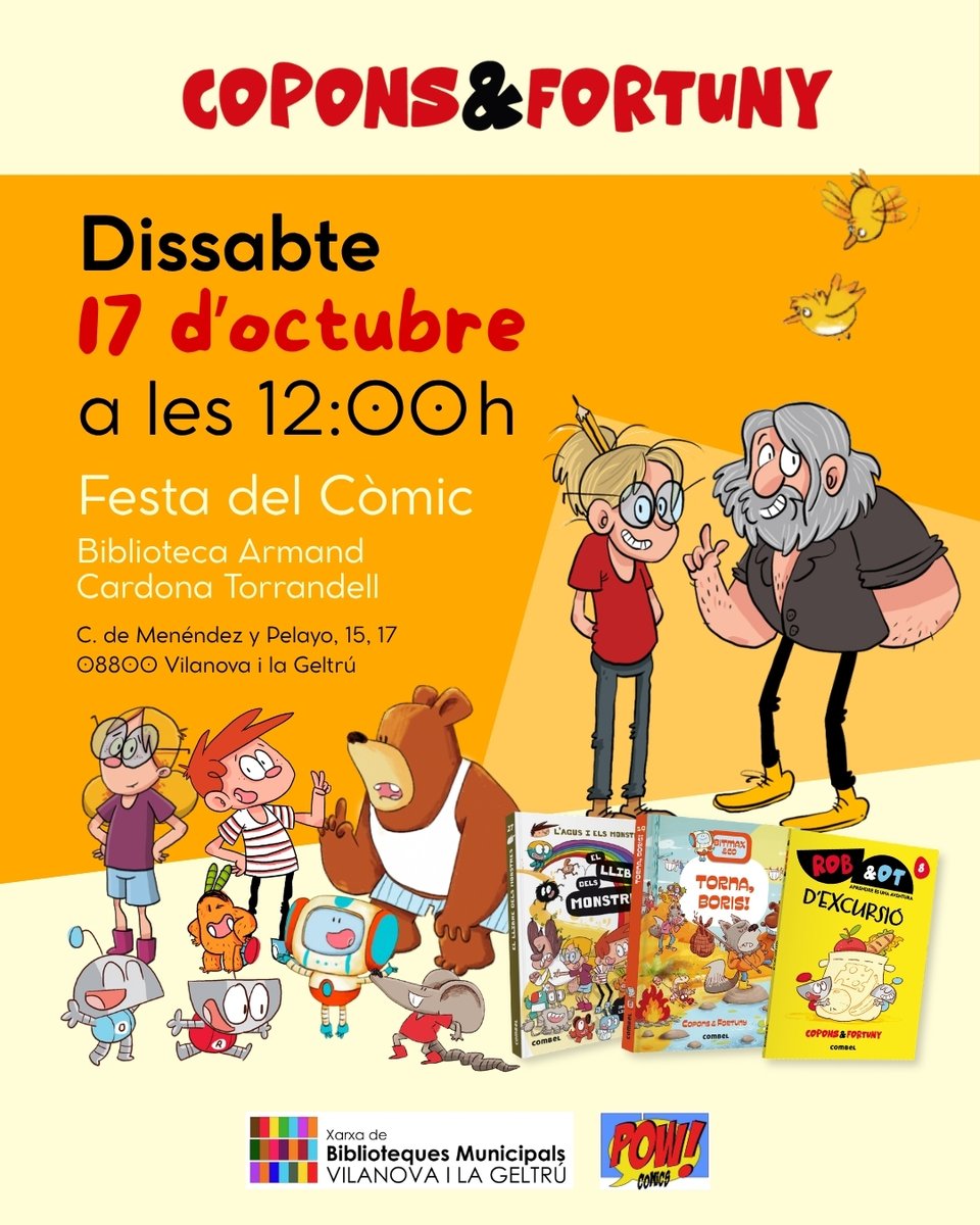 EditorialCasals's tweet photo. Activitat Copons&amp;Fortuny - Festa del còmic Vilanova i la Geltrú
📆 17 d'octubre  
⏰12:00h  
📍Carrer de Menéndez y Pelayo, 15, 08800 Vilanova i la Geltrú (Barcelona)

T'hi esperem!
https://t.co/zXmGWAt1Hy https://t.co/xWsUuNTyn0