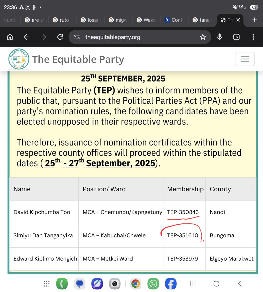 OleItumbi's tweet photo. The SPONSOR CHRONICLES Bureau (SCB) agents are fascinated by claims being pushed by TEP members, apparently aimed at creating the perception of a massive surge in party registration since “Senator Edwin Sifuna became the new Party Leader.”

Here SCB agents interrogate the membership numbers being presented and sold as TRUTH, because the party’s own public record raises some rather inconvenient questions.

First, on its OWN website, TEP boldly declares that it has MORE THAN THREE MILLION members. 

So SCB agents ask  if the party already had more than THREE MILLION members, how is reaching SEVEN HUNDRED THOUSAND members today an achievement worth shouting about? ( Even forcing the party, supporters to share a Fake screenshot developed by SCB agents to test the integrity of the party, note the membership number is intentionally in the wrong format just to expose those sharing it)

 What happened to the other TWO MILLION PLUS members? 

SCB agents further note that, in a Gazette Notice relating to the party’s fielding of candidates in 2025, the candidates listed carried TEP membership numbers as follows, Nandi candidate, 350,843; Bungoma candidate, 351,610; and Elgeyo-Marakwet candidate, 353,979.

 This indicates that, more than a year ago, TEP’s membership numbering had already crossed the 350,000 mark. 

SCB agents therefore conclude that TEP is perfectly entitled to conduct a registration drive and celebrate whatever numbers it achieves. 

It can even edit screenshots if it wants to manufacture a viral perception.

But before selling a NEW perception, perhaps it should first reconcile it with the reality it has ALREADY placed in the public domain. 

FACTS, SCB agents note,  have a stubborn habit of keeping receipts. 

IT IS SO CHRONICLED!