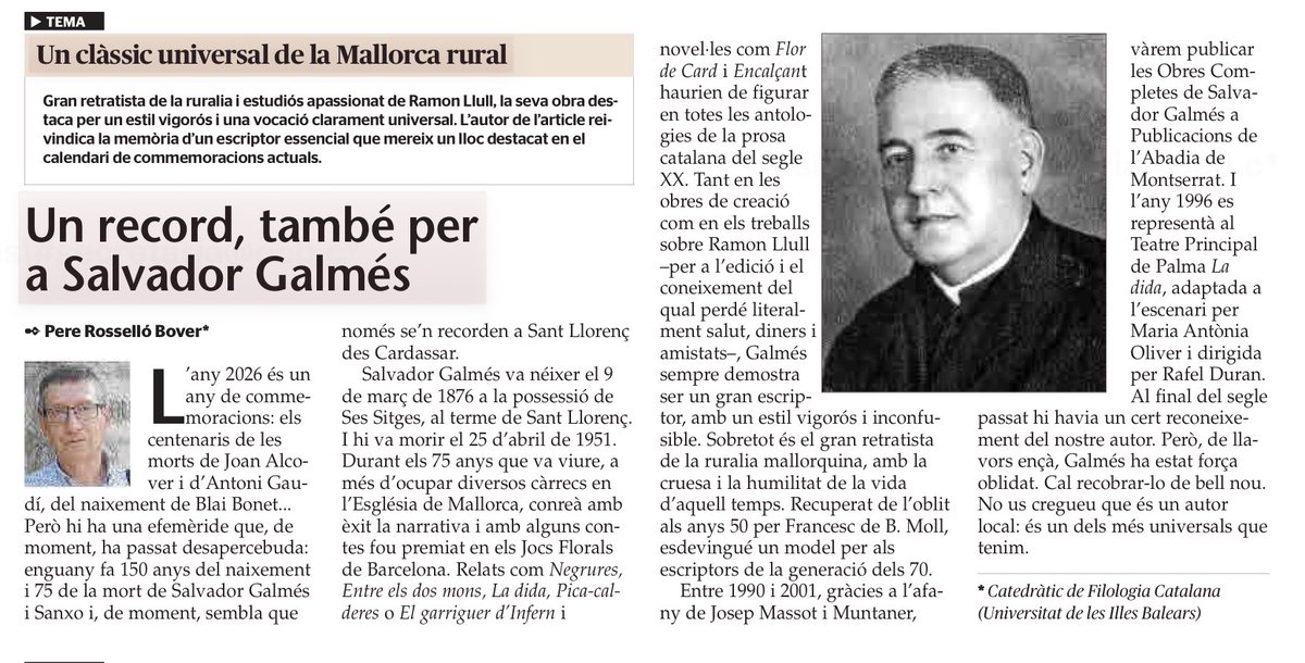 ocbcat's tweet photo. 🗓️150 anys del naixement i 75 de la mort de Salvador Galmés i Sanxo. 

🖼️Aquest dilluns, 5 d'octubre, s’inaugura l’exposició coordinada pel prof. Pere Rosselló Bover que romandrà oberta fins al 30 d’octubre al vestíbul de l’Edifici Ramon Llull de la @UIBuniversitat, sobre Salvador Galmés, narrador, lul·lista i traductor. 

🗞️Aprofitam l’ocasió per recuperar l’article que en va publicar el prof. Rosselló a @UHmallorca fa uns mesos amb motiu de la commemoració.