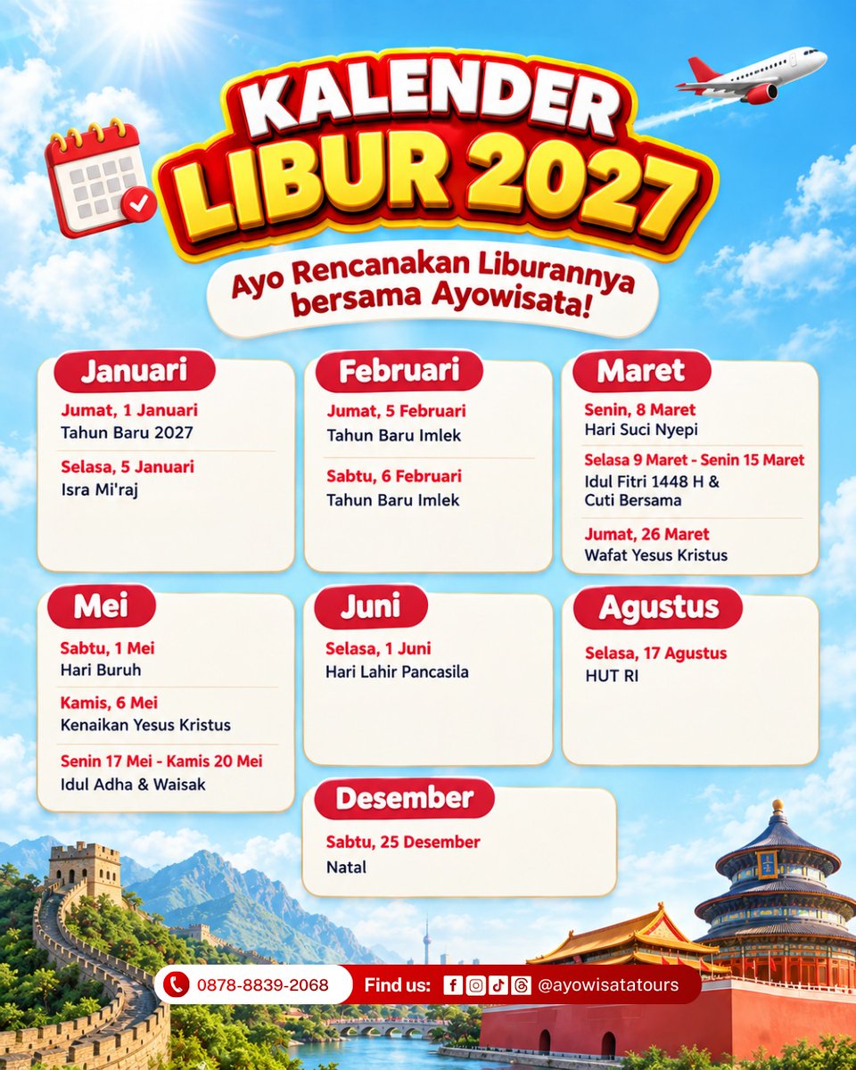 selmakunduz's tweet photo. Catat tanggal libur 2027 dan mulai susun itinerary dari sekarang. Manfaatkan momen libur untuk jalan-jalan bersama keluarga, pasangan, atau sahabat. Simpan postingan ini untuk panduan planning liburanmu bersama Ayowisata. https://t.co/KlJyYBfsPI