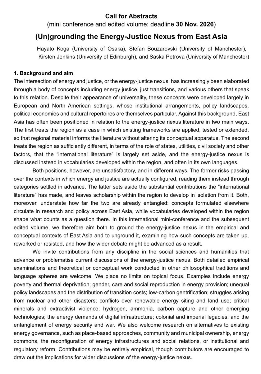 hayatokoga's tweet photo. 📢 Call for Abstracts (due 30 Nov 2026)
We (Hayato Koga, Stefan Bouzarovski, Kirsten Jenkins &amp; Saska Petrova) invite abstracts for a mini-conference + edited volume on the Energy-Justice Nexus in East Asia, Osaka University, 5–6 June 2027!
👇 More details https://t.co/M0DTVmj1N1