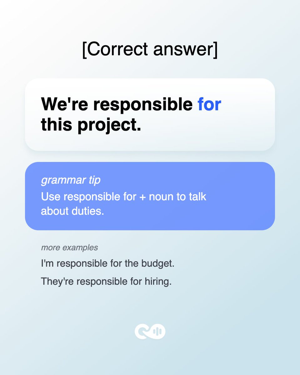 Loora_AI's tweet photo. We're responsible ___ this project. For, to, or at? This is the preposition that trips up even confident English speakers. Guess before you swipe. https://t.co/CFhcTla1H5