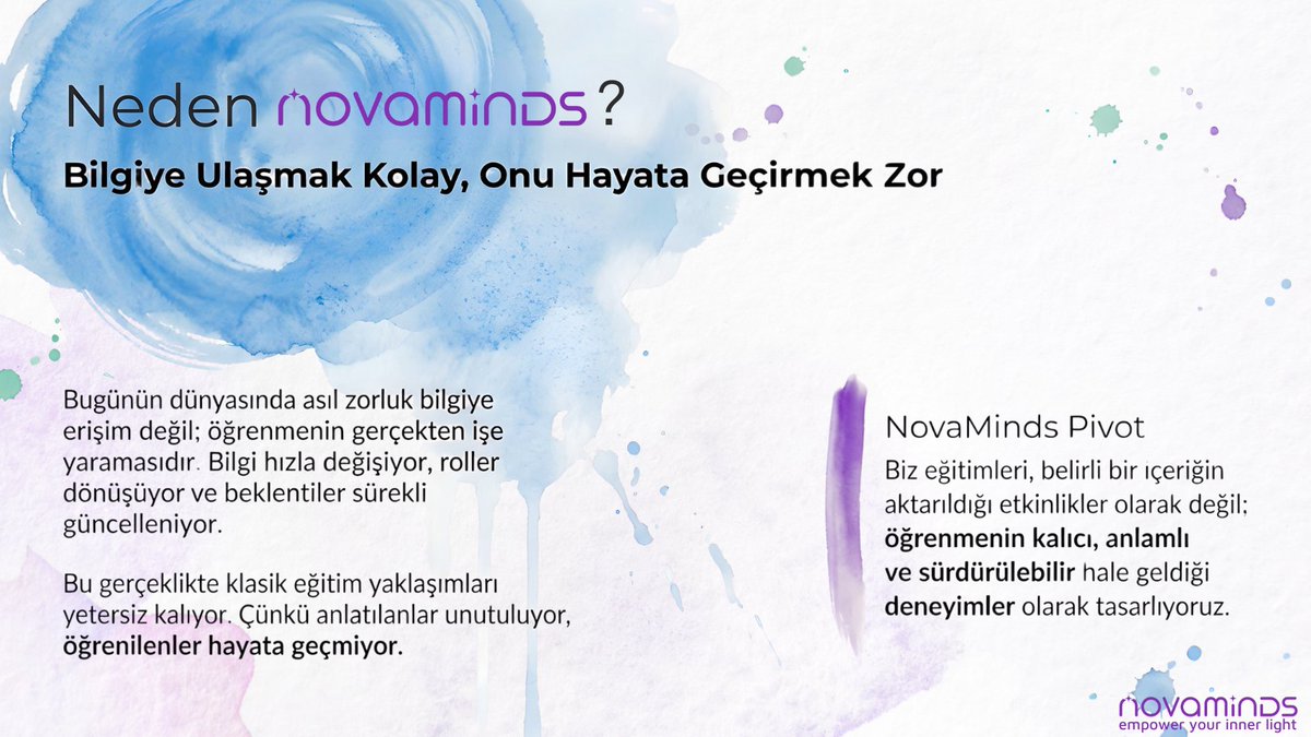 novaminds_space's tweet photo. Bugünün dünyasında bilgiye ulaşmak kolay, asıl mesele öğrenileni hayata geçirmek.   

Daha fazla detay için: 
connect@novaminds.org | https://t.co/KGhXMHlN6p 

#NovaMinds #sürekliöğrenme #yetkinlikgelişimi #uygulayaraköğrenme #koçluk #mentörlük #danışmanlık #empoweryourinnerlight https://t.co/CkQj8pZttc