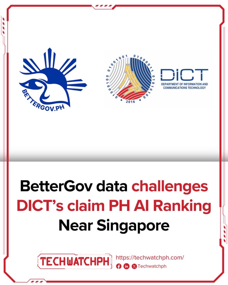 tech_watchph's tweet photo. AI RANKING CHECK

Data compiled by civic technology group BetterGov challenges DICT's claim that the Philippines ranks near Singapore in key areas of artificial intelligence readiness.

READ: https://t.co/FEld28FVEn

#Techwatchph #BetterGov #DICT #AI #Philippines https://t.co/VivZgSw4UL