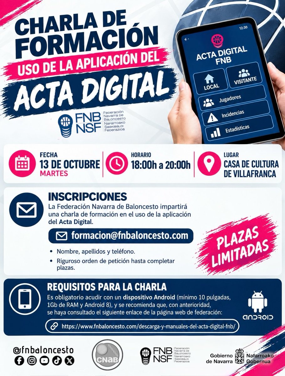 FNBaloncesto's tweet photo. 📢 NUEVA FECHA | ACTA DIGITAL FNB 🏀📱
📅 Martes 13 de octubre | 18:00–20:00 h📍 Casa de Cultura de Villafranca
📩 Inscripciones: formacion@fnbaloncesto.com
Plazas limitadas, por orden de petición.
📲 Obligatorio acudir con dispositivo Android de mínimo 10”, 1 GB RAM y Android 8. https://t.co/CRqXzfkGXd