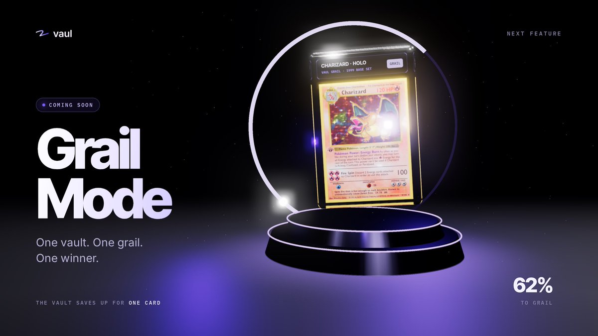 UseVaul's tweet photo. GM Everyone!

Next on vaul: Grail Mode.

Instead of buying the cheapest card every time, a coin's vault saves up for one grail.

A PSA 10 Charizard. A One Piece manga alt. One card, one raffle, one winner.

Coming soon. https://t.co/3Fn5sWqagC