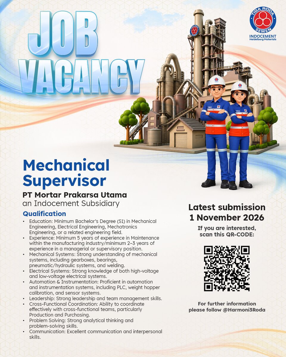 harmoni3roda's tweet photo. 📢 JOB VACANCY

PT Mortar Prakarsa Utama, entitas asosiasi dari Indocement, membuka kesempatan berkarier sebagai Mechanical Supervisor.

Pindai QR code pada unggahan untuk mendaftar.
Batas pendaftaran: 1 November 2026

#Indocement #JobVacancy https://t.co/gtgFuhhzPw