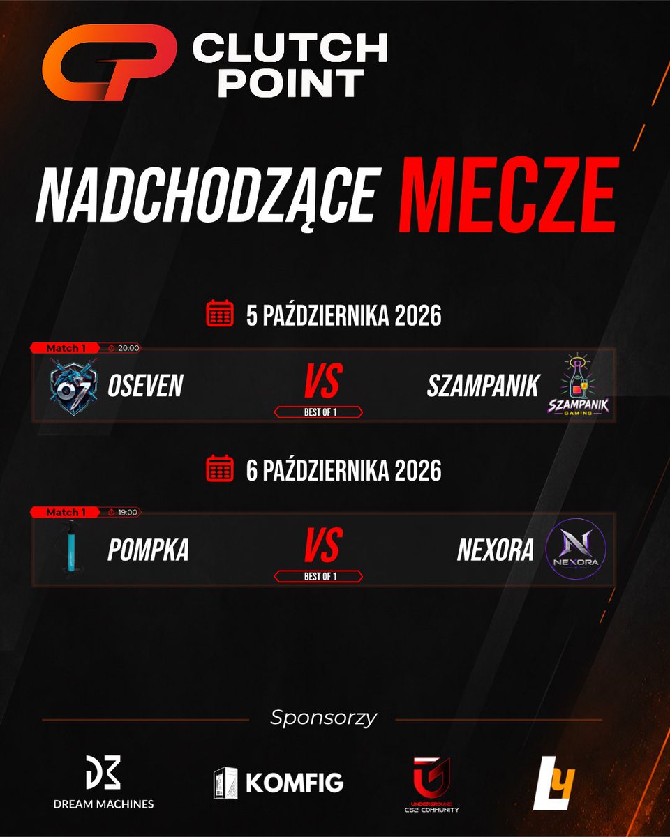 ClutchPoint_cs2's tweet photo. Dwa spokojniejsze dni - 5 i 6 października
5 październik:
@oseven_cs vs Szampanik o 20:00 
6 październik:
@Pompkamix vs Nexora o 19:00

#cs2 #turniej #podziemie #clutchpoint https://t.co/lizaAfCcBS