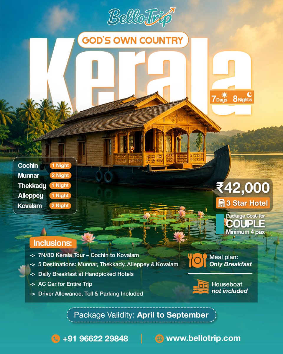 soleyjuanmi's tweet photo. Experience Kerala’s backwaters, tea gardens, misty hills, and serene beaches on BelloTrip’s 7 Days/8 Nights tour. Includes 3-star stays and daily breakfast across Cochin, Munnar, Thekkady, Alleppey, and Kovalam. Call +91 96622 29848 https://t.co/H2yNxRBtTd