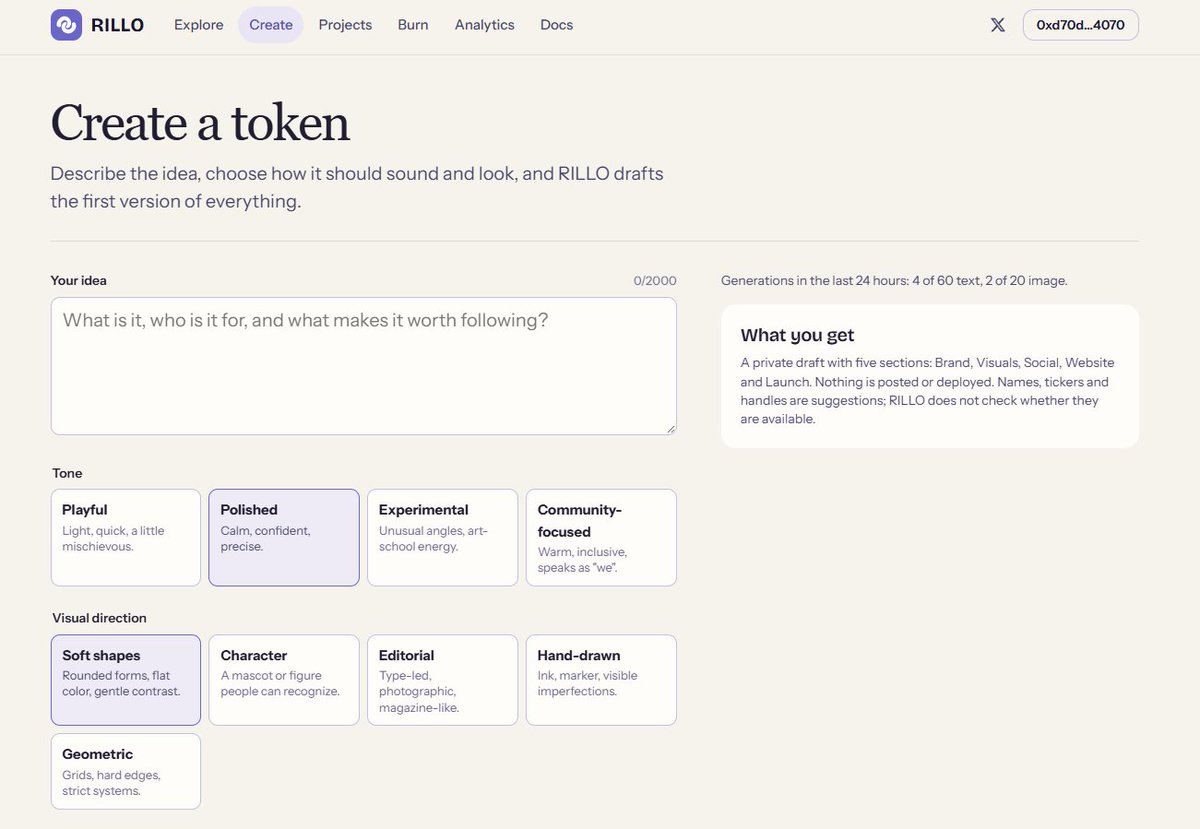 rillodotfun's tweet photo. A blank ticker field is a hard place to start.

RILLO starts with your idea. Turn one sentence into a name, visuals, X posts, and a landing page. Edit the details, review the launch, then sign with your wallet.

What would you build with $RILLO?

https://t.co/eMOyJ0kwh6 https://t.co/33qtLU40nn