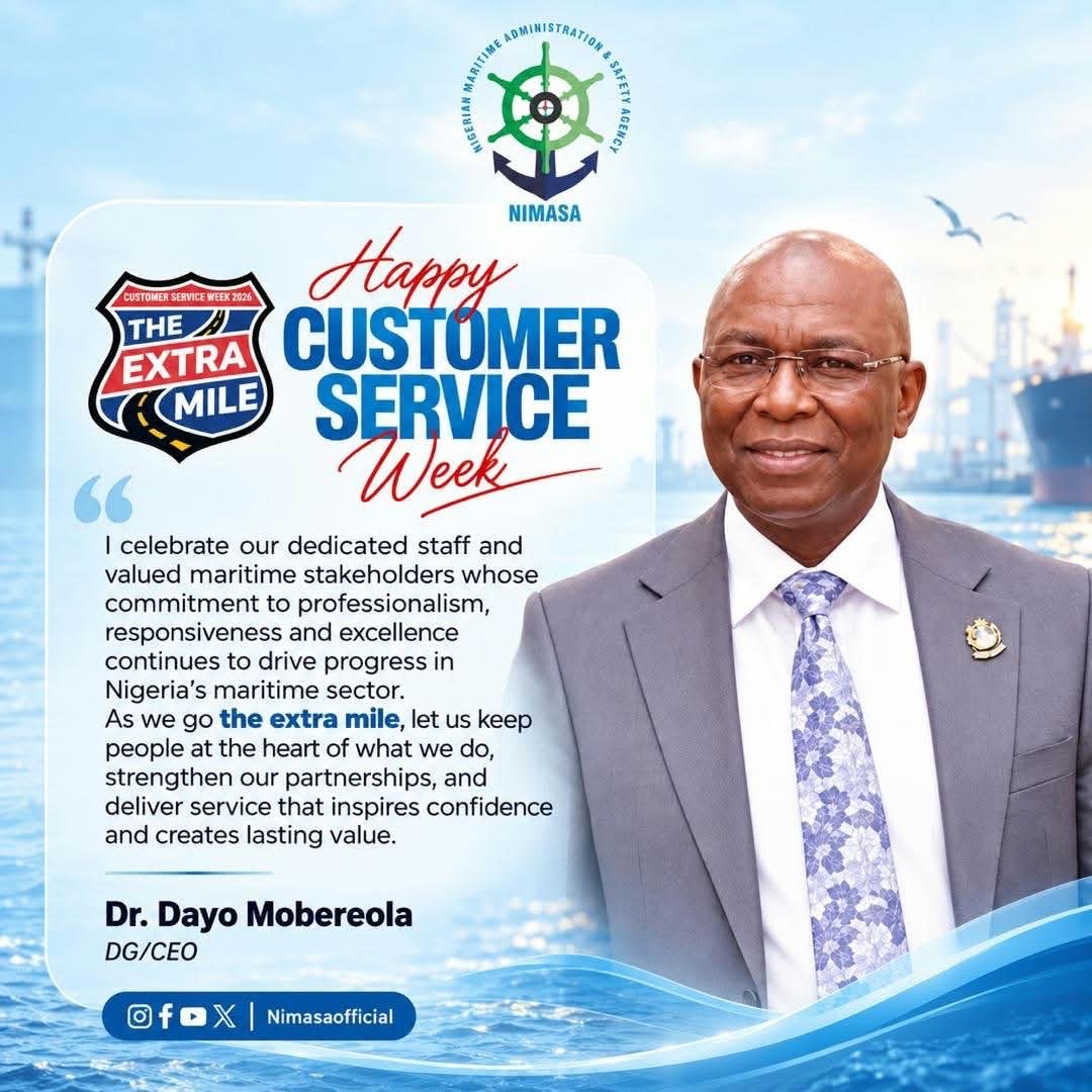 nimasaofficial's tweet photo. Customer Service Week is a reminder that service is not simply about responding, it is about listening, understanding, improving and consistently going the extra mile.

At NIMASA, we celebrate the dedicated staff and valued maritime stakeholders whose professionalism, responsiveness and commitment continue to strengthen service delivery across Nigeria’s maritime sector.

As we mark Customer Service Week 2026, we reaffirm our commitment to keeping people at the heart of what we do, building stronger partnerships and delivering service that inspires confidence and creates lasting value.

Happy Customer Service Week from NIMASA. @MobereolaD @IMOHQ  @GboyegaOyetola 

#NIMASA #CustomerServiceWeek2026 #TheExtraMile #MaritimeNigeria #ServiceExcellence #BlueEconomy