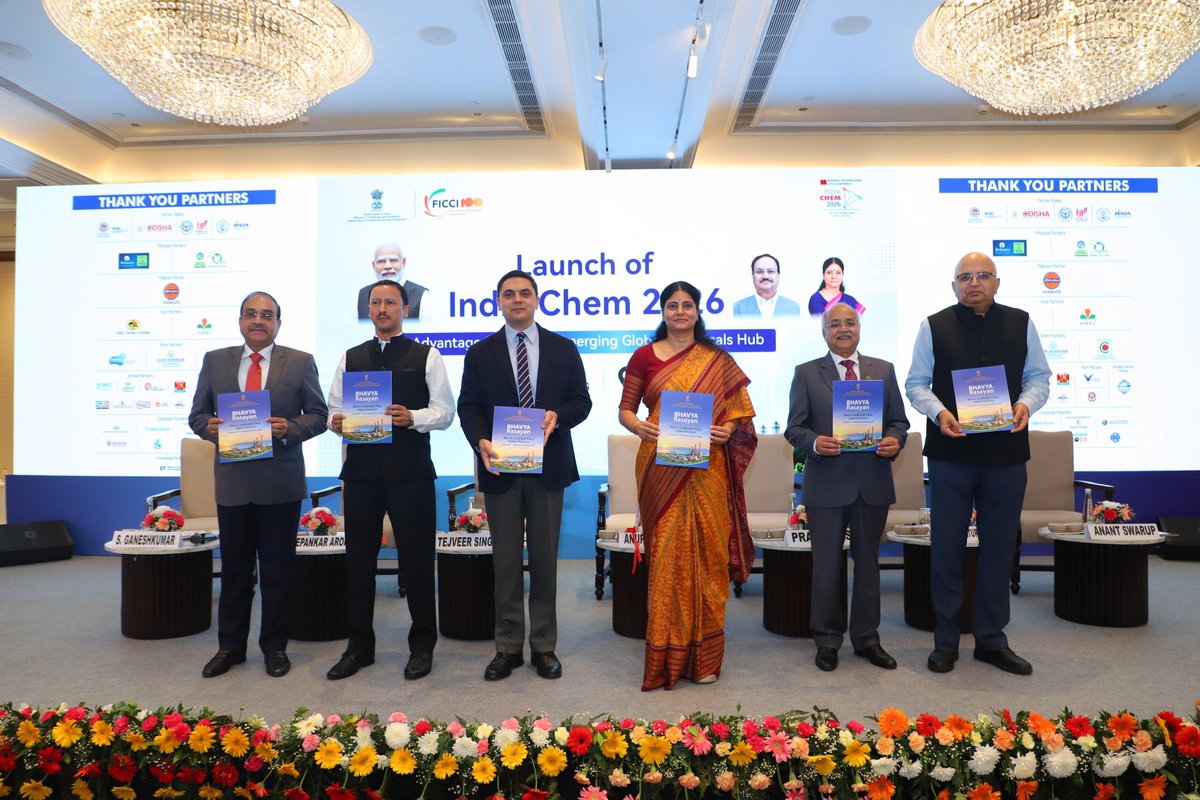 ficci_india's tweet photo. India Chem 2026 and BHAVYA Rasayan Scheme brochures released by dignitaries at the launch event of the #IndiaChem2026 https://t.co/OgJm7UM18g