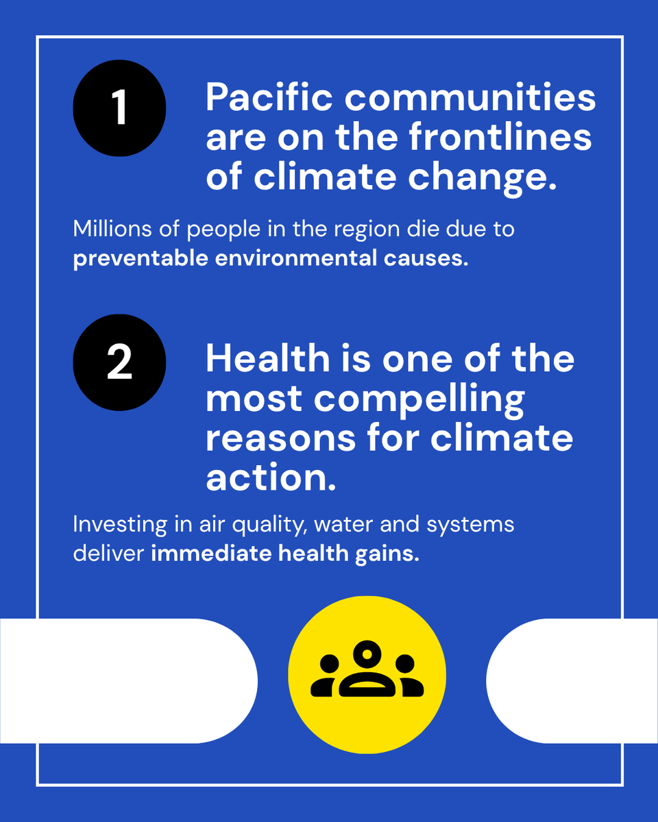 WHOWPRO's tweet photo. Climate change is not just an environmental issue. It's a health issue.

As leaders gather for #PreCOP31 in Fiji and Tuvalu, WHO is highlighting 5 priorities for climate and health action in the Western Pacific:

🌊 Communities on the frontlines
 🩺 Health-centred climate action
 👩‍💼 Women's leadership
 💰 Climate & health financing
 🏥 Climate-resilient health systems

The choices made today will shape the health and resilience of future generations.

#PreCOP31 #ClimateAction #COP31