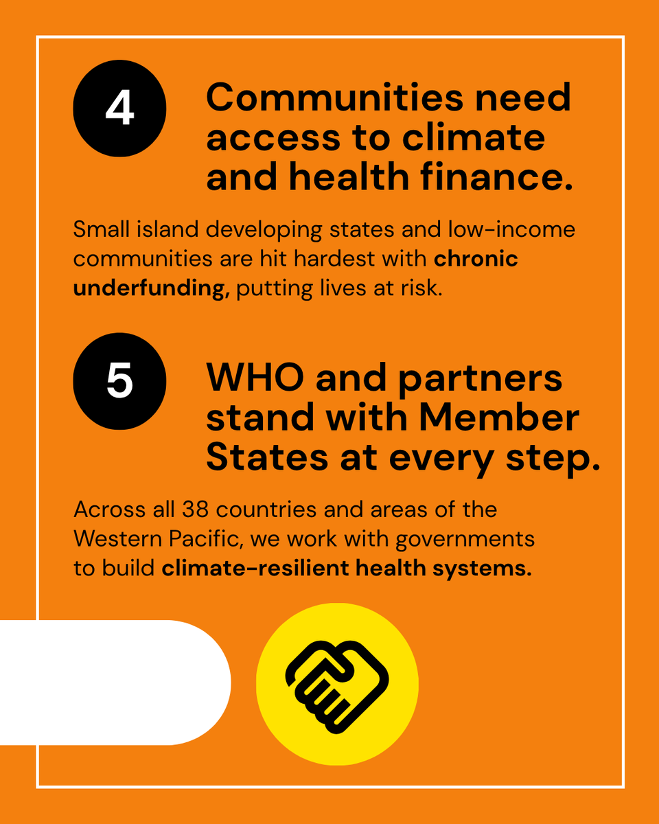 WHOWPRO's tweet photo. Climate change is not just an environmental issue. It's a health issue.

As leaders gather for #PreCOP31 in Fiji and Tuvalu, WHO is highlighting 5 priorities for climate and health action in the Western Pacific:

🌊 Communities on the frontlines
 🩺 Health-centred climate action
 👩‍💼 Women's leadership
 💰 Climate & health financing
 🏥 Climate-resilient health systems

The choices made today will shape the health and resilience of future generations.

#PreCOP31 #ClimateAction #COP31