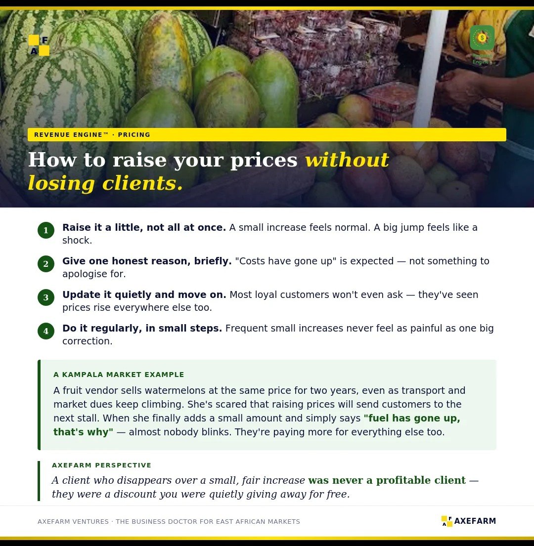 axefarm_ug1's tweet photo. Monday #tip...
Raising your prices without losing clients; Raise it a little, give an honest reason, update quietly, do it regularly in small steps.

Have a profitable week ahead.

#Thebusinessdoctor https://t.co/QaueNcxeW1