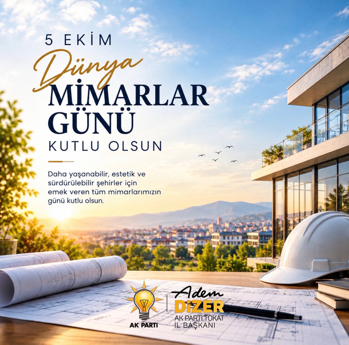 akpartitokat's tweet photo. Şehirlerimizi geleceğe taşıyan; estetik, işlevsellik ve sürdürülebilirliği bir araya getirerek yaşam alanlarımıza değer katan tüm mimarlarımızın 5 Ekim Dünya Mimarlar Günü’nü kutluyoruz.

… https://t.co/CRSHTiPLVM
