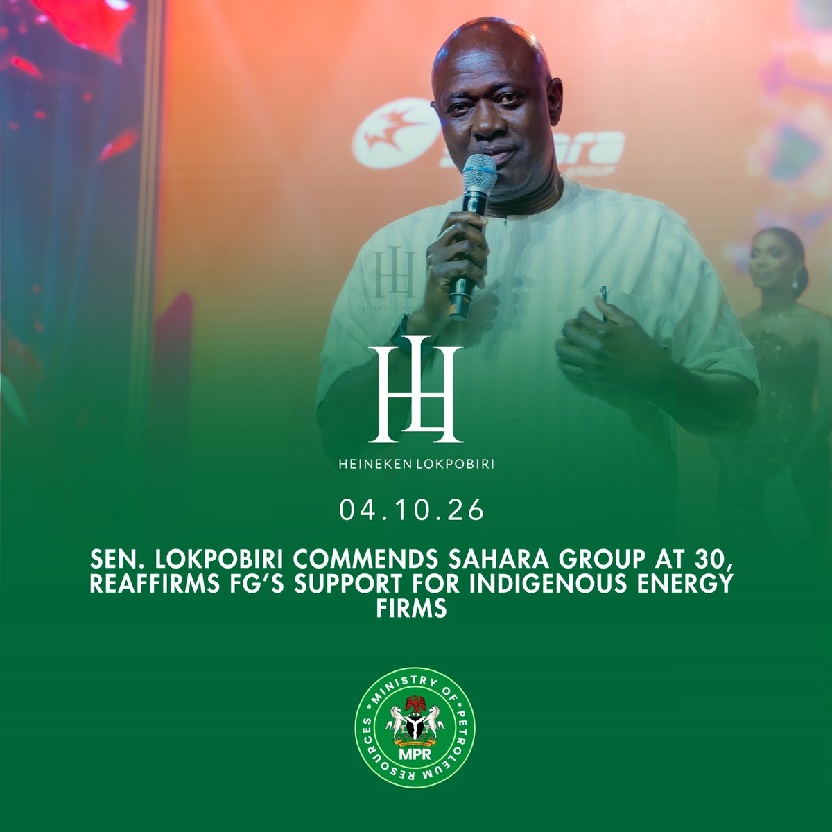 senlokpobiri's tweet photo. When Government supports industry growth through a conducive operating environment, clear policy direction, strategic incentives, and effective institutional support, indigenous firms thrive, creating jobs, strengthening economic growth, and driving industry development.

Sahara Group, as a proudly indigenous firm operating in Nigeria’s petroleum sector, has consistently demonstrated the value of local enterprise through sustained expansion and global reach. As one of our exports to the world, we celebrate the Group on its 30th anniversary of service, growth, and impact.

We are proud of Sahara Group’s remarkable success story and its contribution to Nigeria’s economic development. We will continue to support Sahara Group and other indigenous firms with the capacity to grow, innovate, create opportunities, and contribute meaningfully to Nigeria’s prosperity.

Sen. Heineken Lokpobiri Ph.D.

#senlokpobiri #SHL #CrudeForAll #IncreasingOilProduction