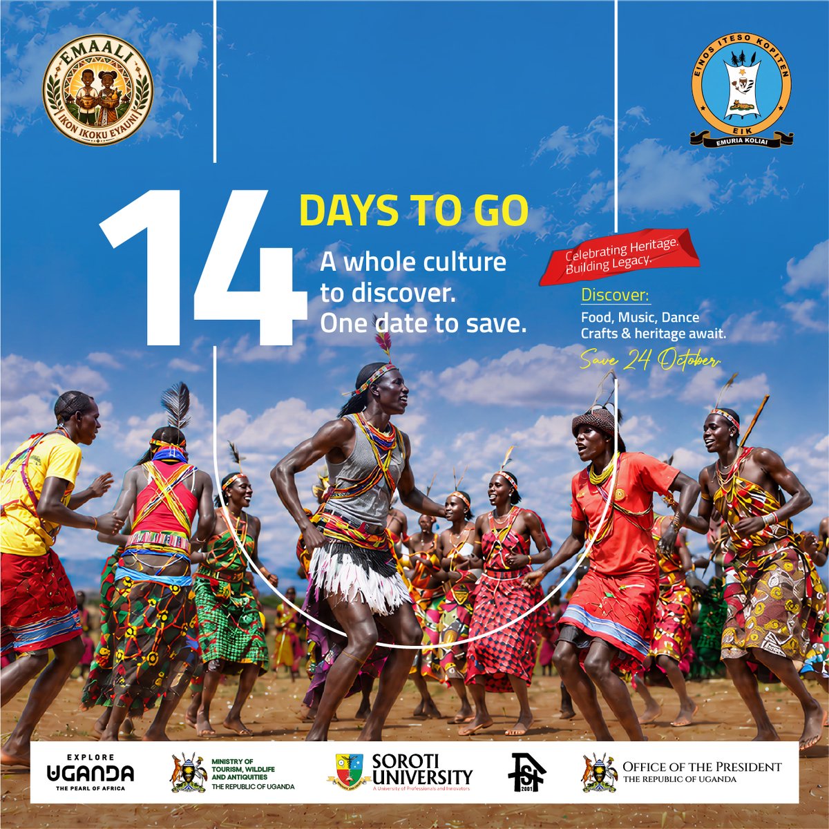 ExploreUganda's tweet photo. 𝐓𝐰𝐨 𝐰𝐞𝐞𝐤𝐬 𝐭𝐨 𝐠𝐨. 𝐆𝐢𝐯𝐞 𝐓𝐞𝐬𝐨 𝐚 𝐩𝐥𝐚𝐜𝐞 𝐢𝐧 𝐲𝐨𝐮𝐫 𝐎𝐜𝐭𝐨𝐛𝐞𝐫 𝐩𝐥𝐚𝐧𝐬.

Save the weekend for the EMAALI Cultural Festival and discover Teso through its food, music, dance, crafts and stories. 

Send this to someone you’d like to explore it with.

📍: 24th–25th  October | Kololo Ceremonial Grounds.

#ExploreUganda | #EmaaliCulturalFestival
