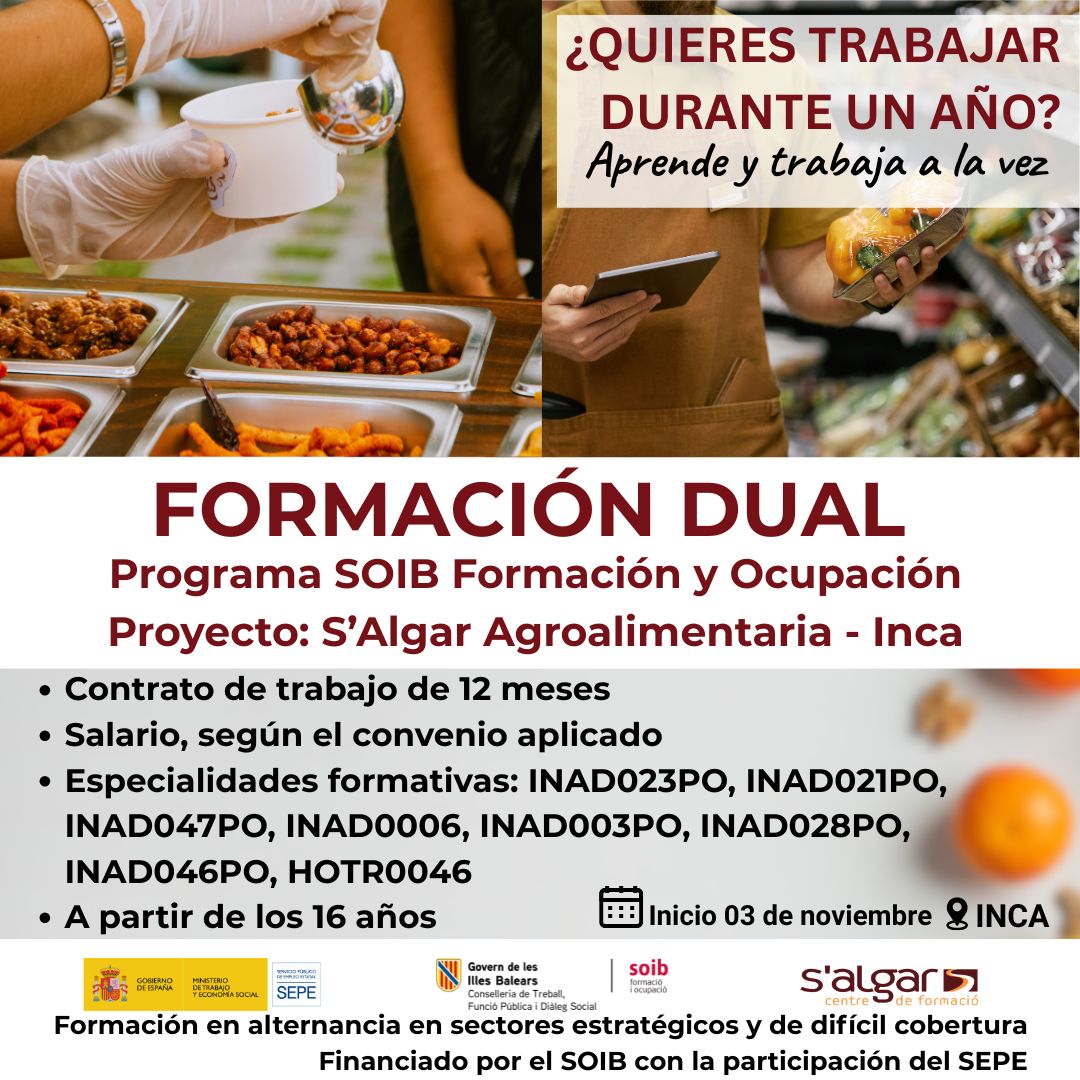salgarformacio's tweet photo. En @salgarformacio con financiación @soibgoib #SEPE tenemos un contrato de 1 año para ti en el sector agroalimentario en #Inca
Clica https://t.co/2KARNTX9Wq
☎️Llama e infórmate 971 82 58 94
📆Empezamos #3noviembre
#SectorAlimentario #OportunidadLaboral #IncaTrabajo https://t.co/wAieoTeCnp