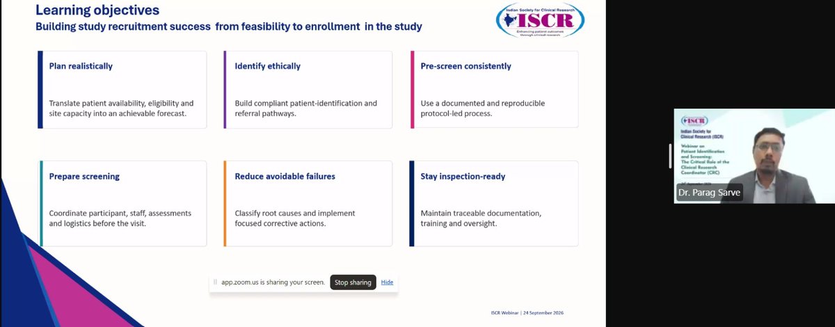 iscrindia's tweet photo. 📝 Patient Identification and Screening: The Critical Role of the CRC | ISCR Webinar
📅 24th Sep 2026 | Online

306 participants, Dr. Parag Sarve (ICON plc) led the session on feasibility forecasting, pre-screening, cutting screen failures and audit-ready documentation. https://t.co/oN1qLzueUI