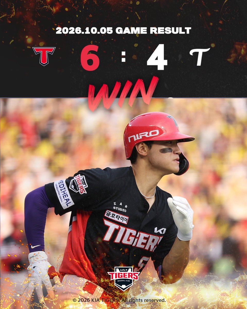 Kiatigers's tweet photo. 10/5(월) 경기 결과
KIA 6 : 4 LG

[다음 경기 안내]
⏰ 일시: 10/6(화) 18:30 @광주
⚾️ 상대팀: 삼성라이온즈
📺 중계: MBC SPORTS+, TVING https://t.co/Qd4RDy9mNs