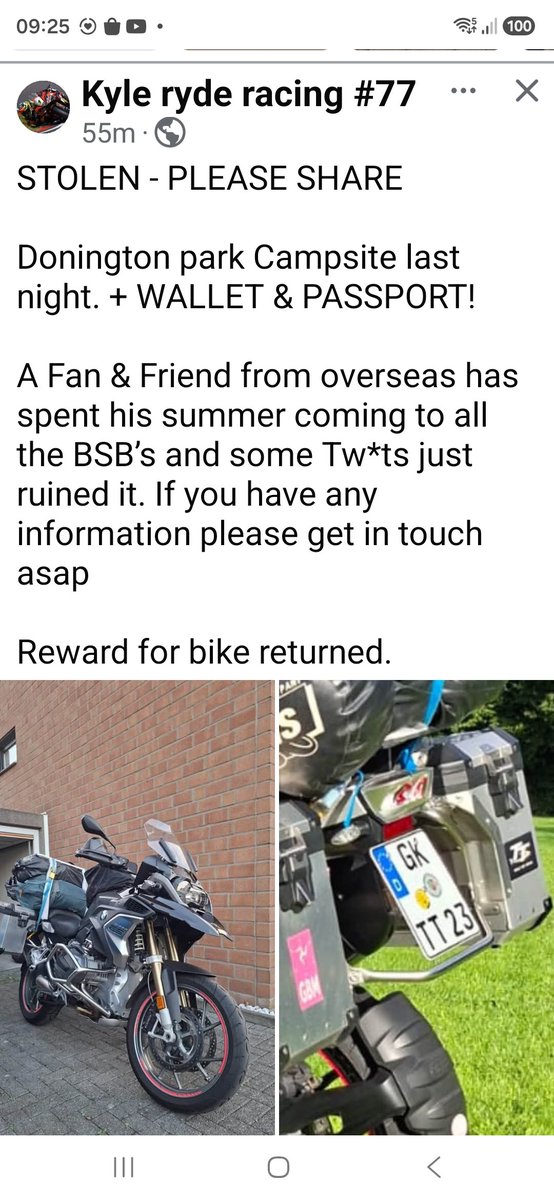 ArcherHeulwen's tweet photo. STOLEN BIKE FROM DONINGTON BSB LAST NIGHT. Let's make this too hot to handle. ( posted on Facebook)
Please retweet. https://t.co/vEtcKmBAHH