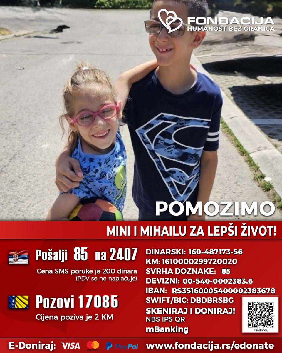 Vladano's tweet photo. Mina i Mihailo su rođeni brat i sestra sa više velikih zdravstvenih problema!

Pomozimo!

🇷🇸  Pošalji SMS: 85 na 2407
https://t.co/3v7MJ5GD5a
(link za mobilne)

🇧🇦  Pozovi: 17085

Skeniraj QR kod - mBanking

E-Doniraj - VISA, MasterCard, PayPal:
https://t.co/CNPszHzId9 https://t.co/QyiUNGddf4