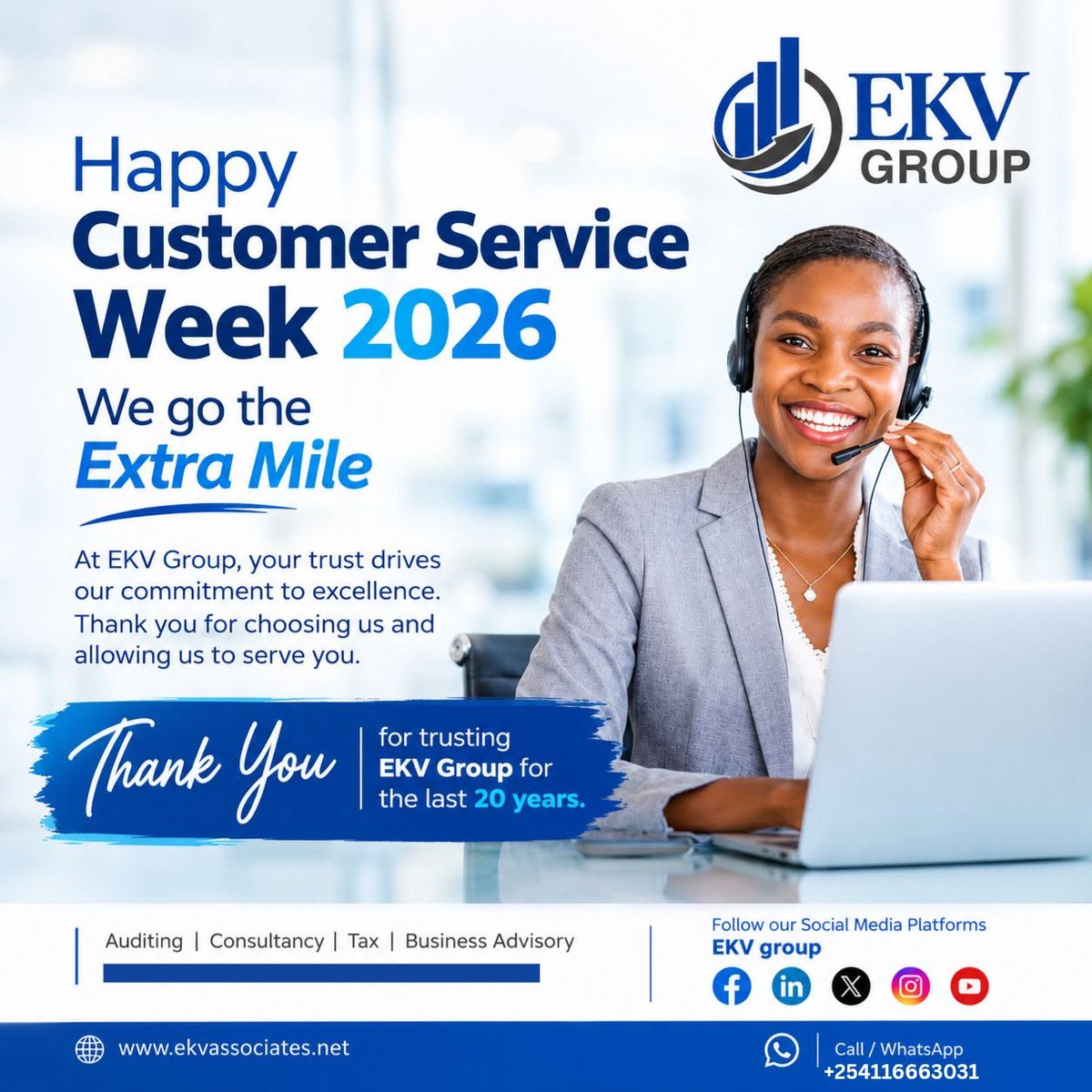 EkvConsultants's tweet photo. Happy Customer Service Week 2026...
Thank You For Trusting EKV Group For the Last 20 years..
Your Support inspires us to deliver excellent Service...
We are proud of you..
We go #extramile
#ekvgroup #finance
#serviceweek #customerservice https://t.co/uiWJbdIyoR