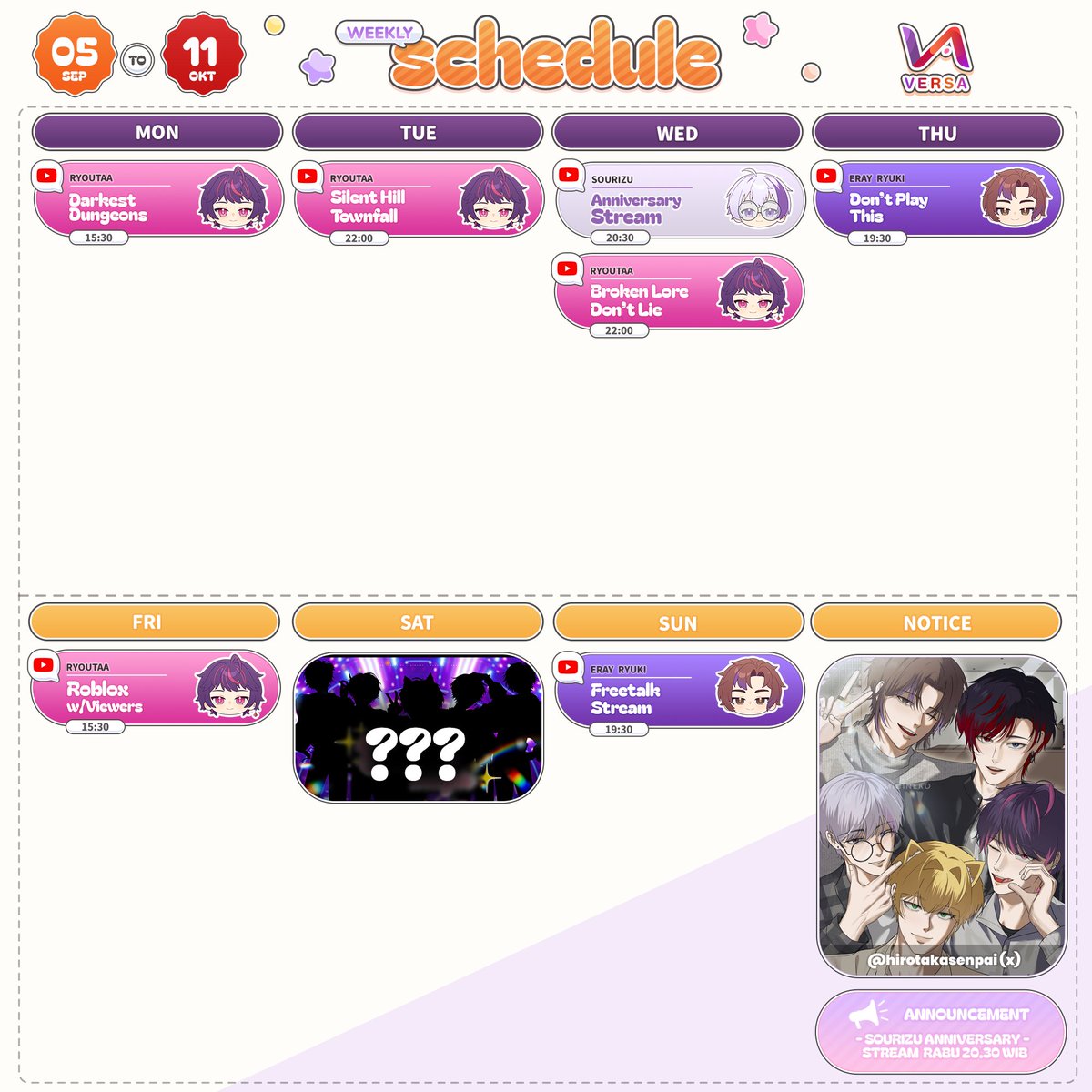 versa_virtual's tweet photo. 【VERSA Weekly Schedule】
05 September ~ 11 Oktober 2026

Selamat sore, #UNIVERSA!!!

Gimana awal dari minggu ini?
Semangat yuk, karena ada sesuatu yang menanti~

Selamat beraktivitas!🫶🫶

💜🤍💛🩷❤️

#VERSA #UNIVERSA https://t.co/3VxH7cBqj5