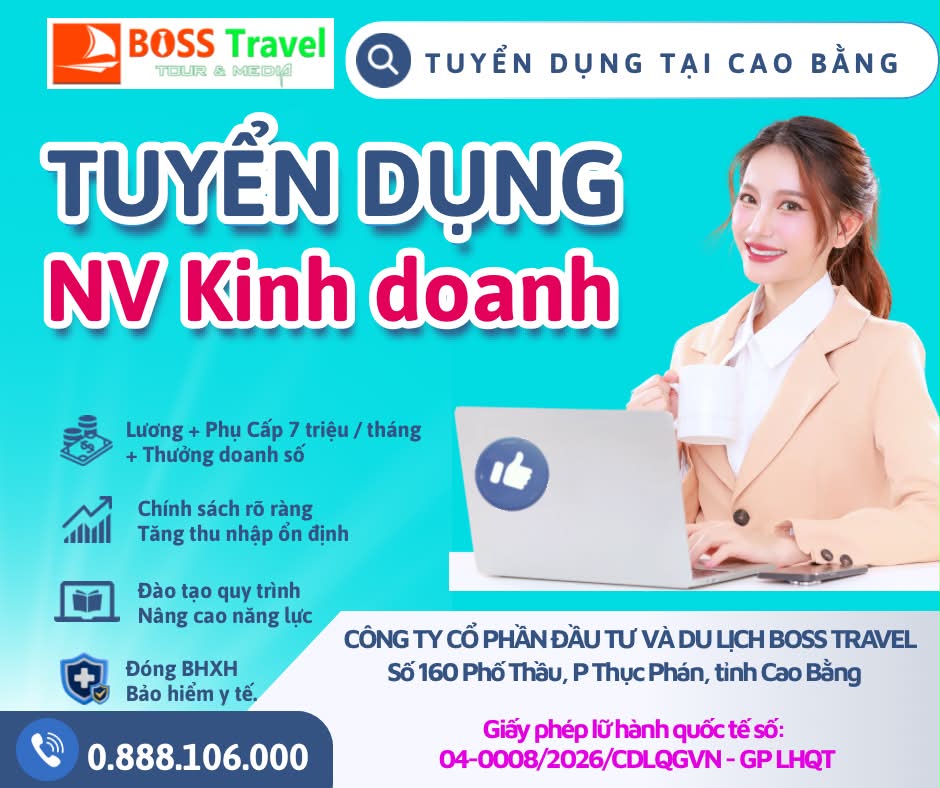 PachyArroyo's tweet photo. Boss Travel tuyển 01 nhân viên kinh doanh tour du lịch tại Cao Bằng. Thu nhập 7–20 triệu/tháng, đầy đủ bảo hiểm, đào tạo nghiệp vụ, cơ hội thăng tiến. Ưu tiên biết tiếng Anh hoặc tiếng Trung. Liên hệ: 0888 106 000 https://t.co/8DhkYdBWvW