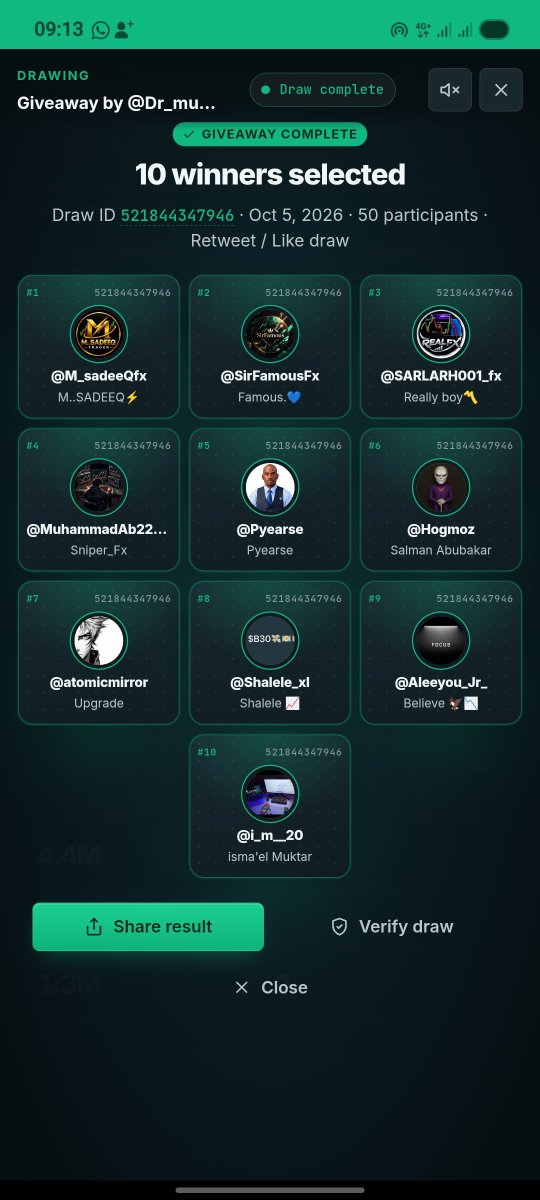 Dr_musacsk's tweet photo. 🎉 Our giveaway winners:

🏆 @M_sadeeQfx
🏆 @SirFamousFx
🏆 @SARLARH001_fx
🏆 @MuhammadAb22315
🏆 @Pyearse
🏆 @Hogmoz
🏆 @atomicmirror
🏆 @Shalele_xl
🏆 @Aleeyou_Jr_
🏆 @i_m__20

Congrats to the winners 👑 & thanks to everyone who entered 💚
https://t.co/VwA76055W5
Kindly DM me with your registered emails and X usernames