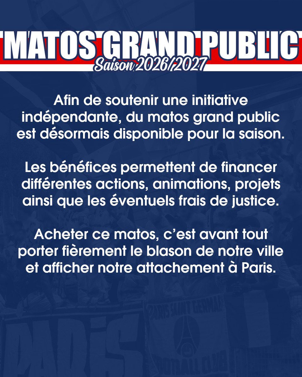 sparisiens1970's tweet photo. MATOS GRAND PUBLIC — SAISON 2026/2027

Notre matos disponible pour la saison 2026/2027 : vestes, bob, pull, écharpe, stickers et fanzine. https://t.co/aTksj6kURR