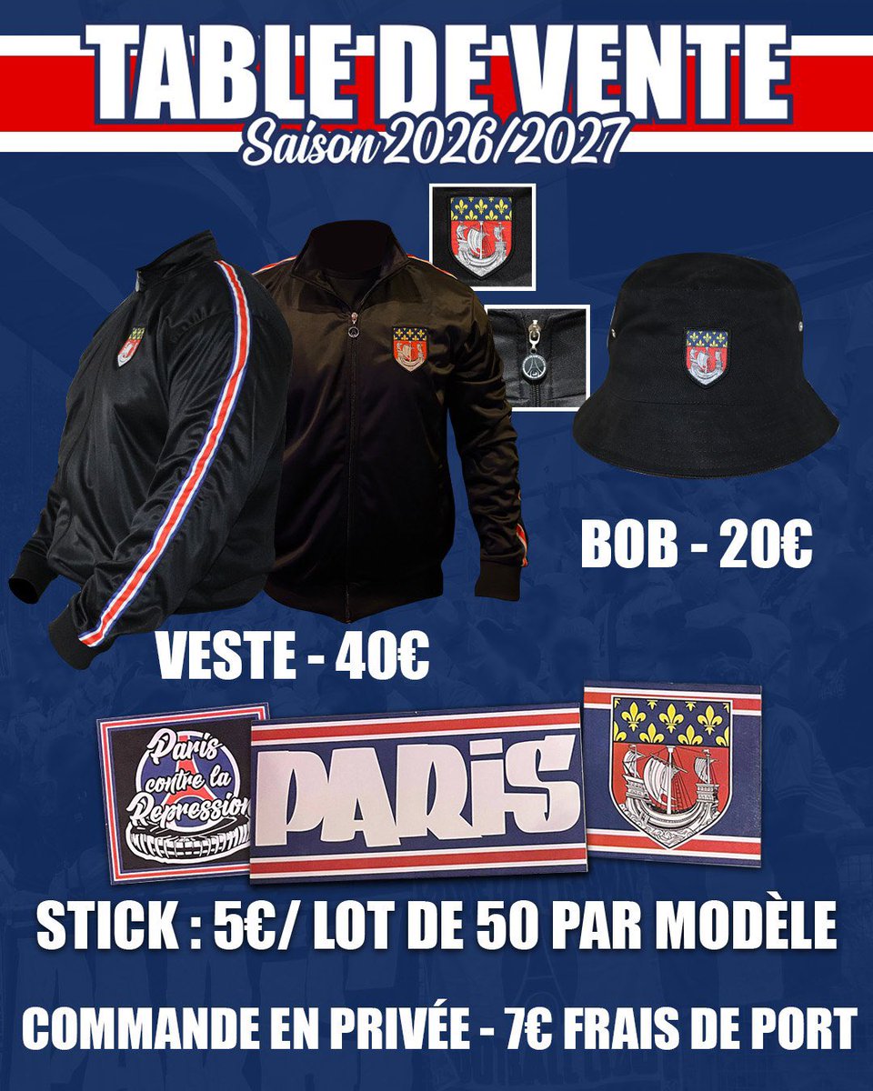 sparisiens1970's tweet photo. MATOS GRAND PUBLIC — SAISON 2026/2027

Notre matos disponible pour la saison 2026/2027 : vestes, bob, pull, écharpe, stickers et fanzine. https://t.co/aTksj6kURR
