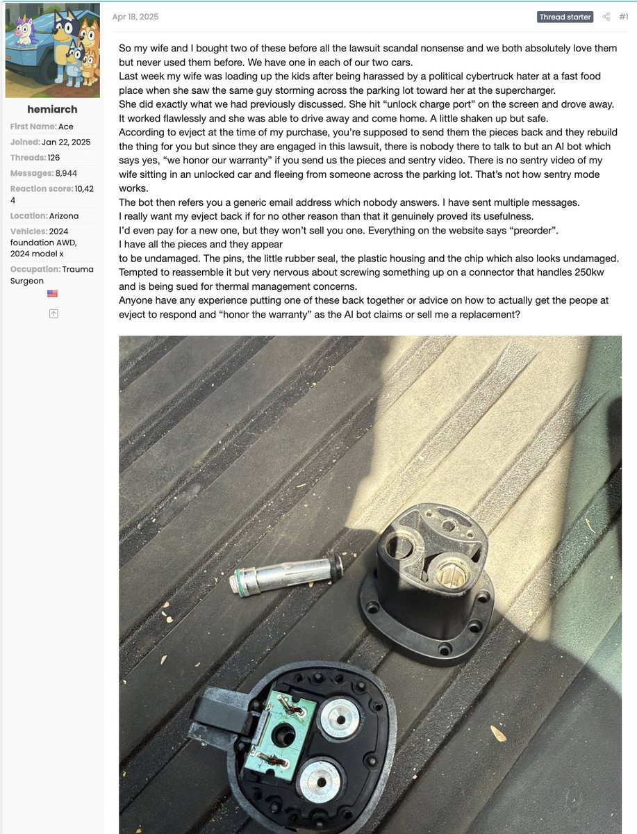 EVject's tweet photo. Here's another story from an EVject customer. 
They published this publicly last year on Cybertruck Owners Club. They contacted us and we sent them a free replacement. https://t.co/TdfrUnbuq6