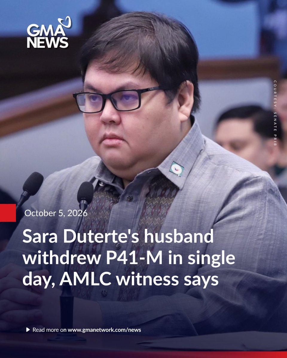 gmanews's tweet photo. Lawyer Manases Carpio, husband of Vice President Sara Duterte, withdrew a total of P41 million from two banks in a single day, according to Anti-Money Laundering Council (AMLC) Executive Director Ronel Buenaventura on Monday.

During Day 33 of Duterte’s impeachment trial, Buenaventura testified that Carpio withdrew the P41 million on August 6, 2024, in six transactions. 

Defense lawyer Mark Vinluan repeatedly objected to the presentation of the documents, arguing that Carpio is not an impeachable official.

READ: https://t.co/m0gdMQjBfw