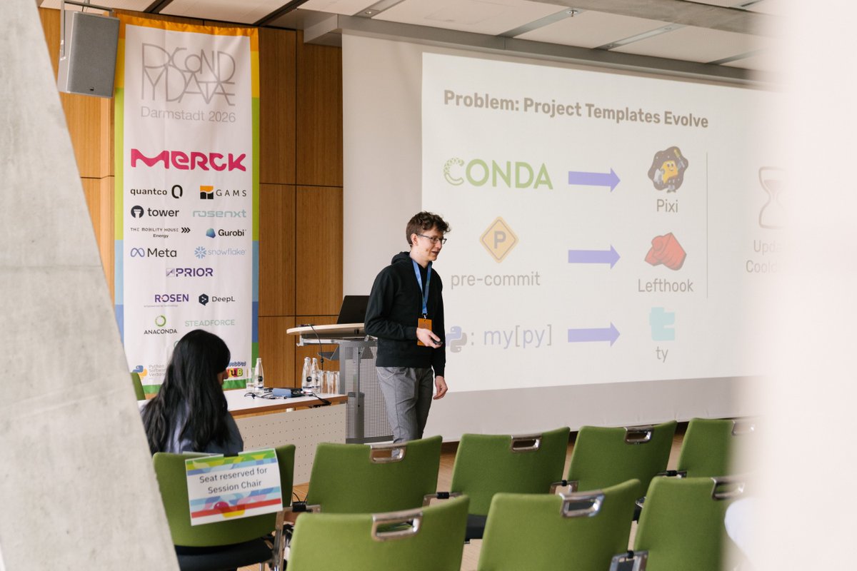 PyConDE's tweet photo. 190 Python repos, one shared template, almost no manual merge-conflict cleanup. Yannik Tausch (QuantCo), who also contributes to conda-forge, on how.
🎥 https://t.co/I2jZQsbdpz
📍 Join us at PyCon DE 2027, Heidelberg · 19–24 April https://t.co/E4fe9Pdhgw