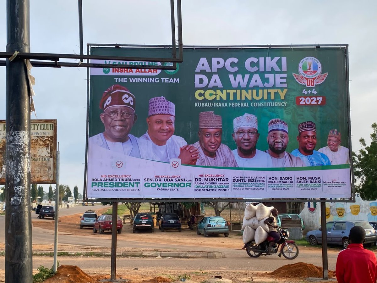 Waspapping_'s tweet photo. It’s honestly sad watching you and your Kaduna ADC PR bots struggle every day because you have nobody credible to sell to the people.

Let’s be clear, it’s not APC or Bashir Zuntu’s fault that your candidates are weak, unpopular, incompetent and practically unsellable to the public. Stop crying and face your real problem. Your own candidates are simply not sellable.

If you spent half the energy you waste attacking the APC on promoting your candidates, maybe people would at least find a way to sell them to the public 

And as for that rubbish propaganda about APC hiding the President’s presence in Kaduna, here’s Kaduna APC putting up the President’s big campaign banners across the state.

So, please go back to your drawing board and find another lie. This one has failed already.