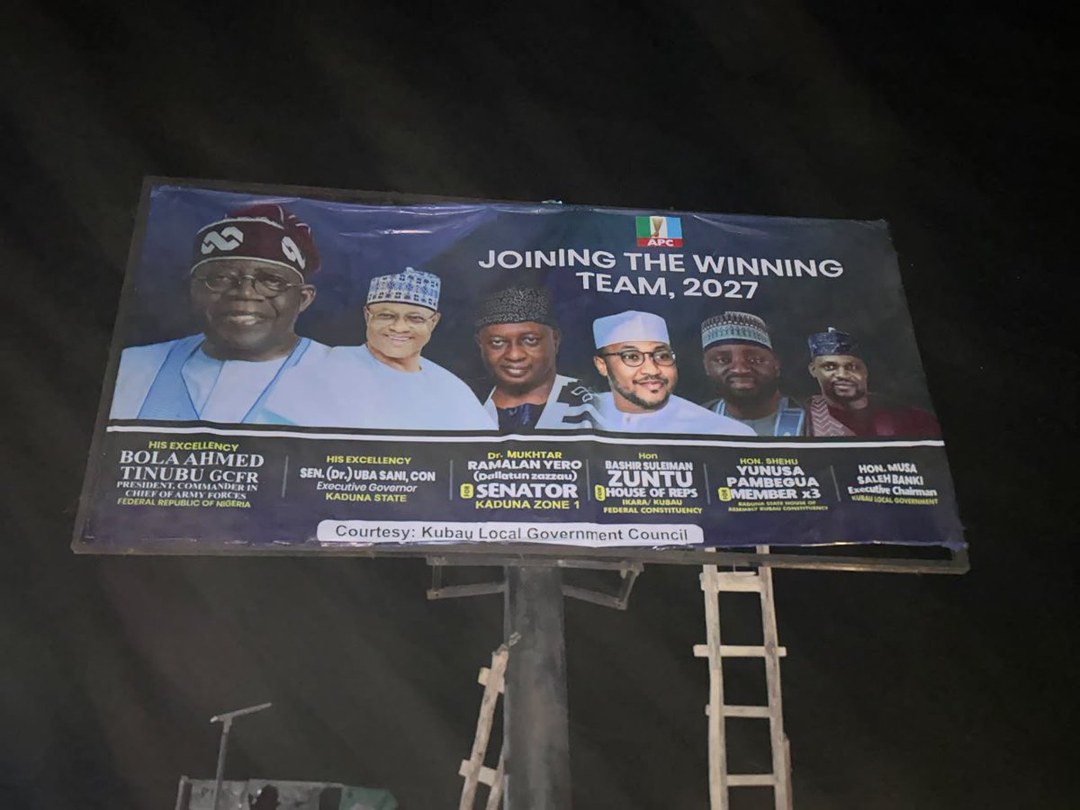 Waspapping_'s tweet photo. It’s honestly sad watching you and your Kaduna ADC PR bots struggle every day because you have nobody credible to sell to the people.

Let’s be clear, it’s not APC or Bashir Zuntu’s fault that your candidates are weak, unpopular, incompetent and practically unsellable to the public. Stop crying and face your real problem. Your own candidates are simply not sellable.

If you spent half the energy you waste attacking the APC on promoting your candidates, maybe people would at least find a way to sell them to the public 

And as for that rubbish propaganda about APC hiding the President’s presence in Kaduna, here’s Kaduna APC putting up the President’s big campaign banners across the state.

So, please go back to your drawing board and find another lie. This one has failed already.