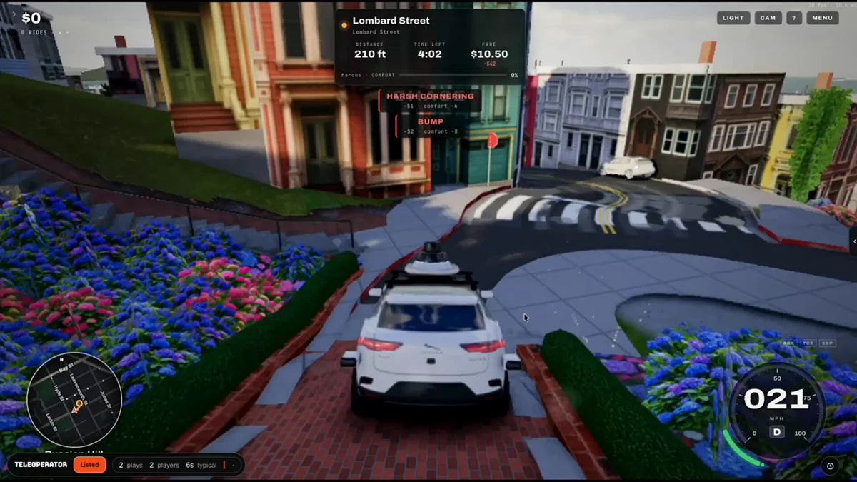 Still from a browser game built with Claude showing a Waymo driving down Lombard Street in San Francisco
