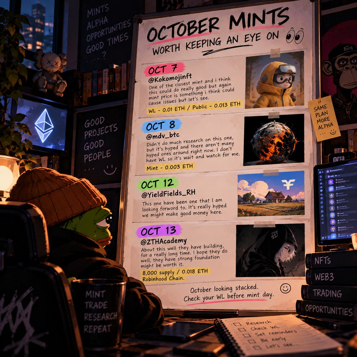 veyro_eth's tweet photo. October mints worth keeping an eye on 👀

Oct 7 — @Kokomojinft

One of the closest mints and I think this could do really well. The mint price is the only thing that could cause some issues, but let’s see.

WL — 0.01 ETH / Public — 0.013 ETH

Oct 8 — @mdv_btc

Didn’t do much research on this one, but it’s pretty hyped and there aren’t many hyped mints around right now. I don’t have WL, so it’s a wait-and-watch for me.

Mint — 0.003 ETH

Oct 12 — @YieldFields_RH

This is one I’ve been looking forward to. It’s really hyped right now, so we might have a good opportunity to make some money here.

Oct 13 — @ZTHAcademy

They’ve been building for a really long time. Hopefully they do well — they have a strong foundation and could be worth watching.

8,000 supply / 0.018 ETH / Robinhood Chain

Let’s see how October plays out 👀