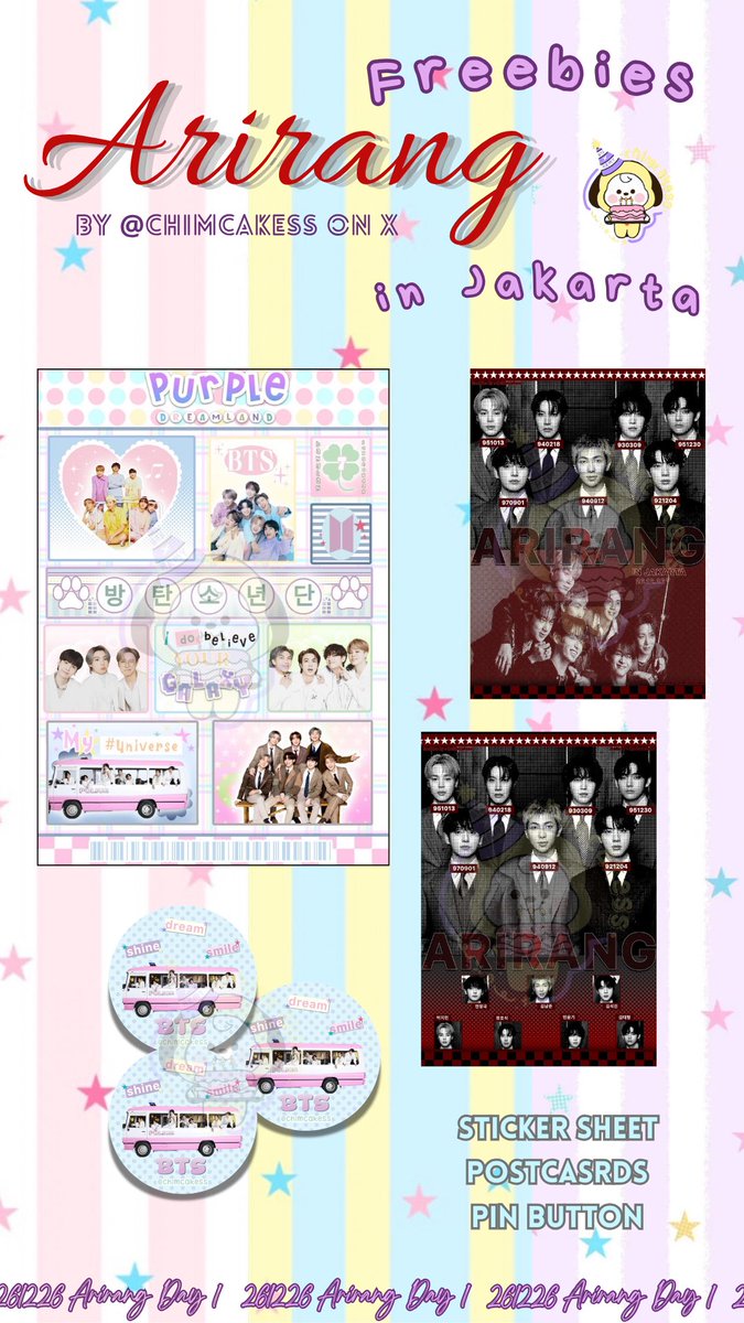 chimcakess's tweet photo. ᯓ★ freebies BTS arirang in Jakarta
🧺 by @chimcakess
🗓 26 december day [☝🏻]
📍 GBK, detail loc will be announce
ᯓᡣ𐭩 army let’s be friends!!
🧼 don’t sell and throw freebies dari aku!
🍄 very very limited quantity https://t.co/cU6V75BcHJ