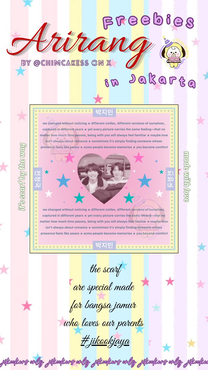 chimcakess's tweet photo. ᯓ★ freebies BTS arirang in Jakarta
🧺 by @chimcakess
🗓 26 december day [☝🏻]
📍 GBK, detail loc will be announce
ᯓᡣ𐭩 army let’s be friends!!
🧼 don’t sell and throw freebies dari aku!
🍄 very very limited quantity https://t.co/cU6V75BcHJ