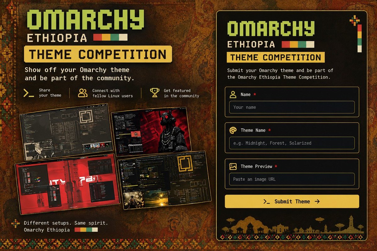 Eyasu_kga's tweet photo. 🇪🇹 The Omarchy Ethiopia Theme Competition is open!

Create a theme inspired by Ethiopia and tech.

Start with a wallpaper connected to Ethiopia architecture, landscapes, colors, Addis Ababa, or anything that inspires you.

Submit here: https://t.co/lvMeHmIrBF https://t.co/z2xllVlCDr