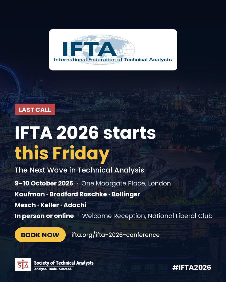 STA_ORG's tweet photo. ⏰ Last call: #IFTA2026 starts this Friday
Kaufman · Bradford Raschke · Bollinger · Mesch · Keller · Adachi 📍 One Moorgate Place, London + online 📅9–10 Oct
Book 👉 https://t.co/2cu7x0SSmg
#TechnicalAnalysis https://t.co/FgKcD1GNLA
