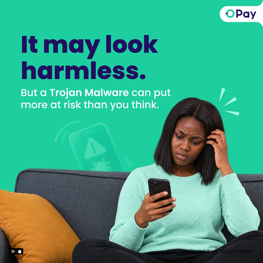 OPay_NG's tweet photo. It’s a new week, so let’s talk about something that could be hiding in plain sight.

Trojan malware.

That harmless-looking download? Think twice.

Swipe through to learn what they could put at risk and some simple ways to stay safer. 🔐

StaySecuredWithOPay YourDeviceYourSecurity OPayIsOkay