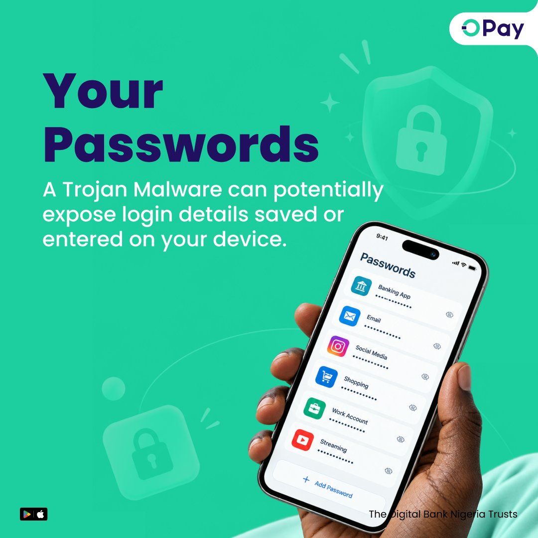 OPay_NG's tweet photo. It’s a new week, so let’s talk about something that could be hiding in plain sight.

Trojan malware.

That harmless-looking download? Think twice.

Swipe through to learn what they could put at risk and some simple ways to stay safer. 🔐

StaySecuredWithOPay YourDeviceYourSecurity OPayIsOkay