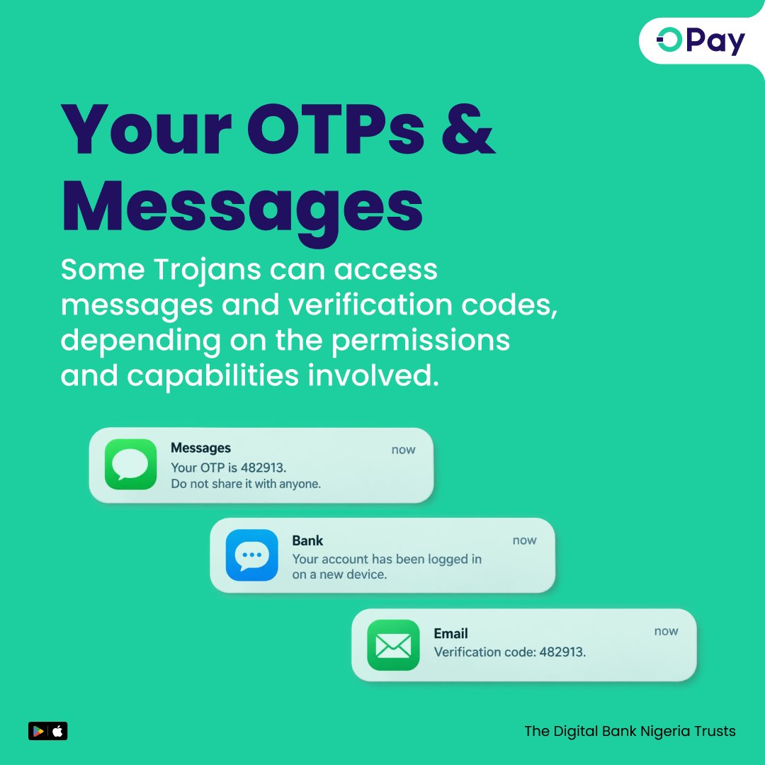 OPay_NG's tweet photo. It’s a new week, so let’s talk about something that could be hiding in plain sight.

Trojan malware.

That harmless-looking download? Think twice.

Swipe through to learn what they could put at risk and some simple ways to stay safer. 🔐

StaySecuredWithOPay YourDeviceYourSecurity OPayIsOkay