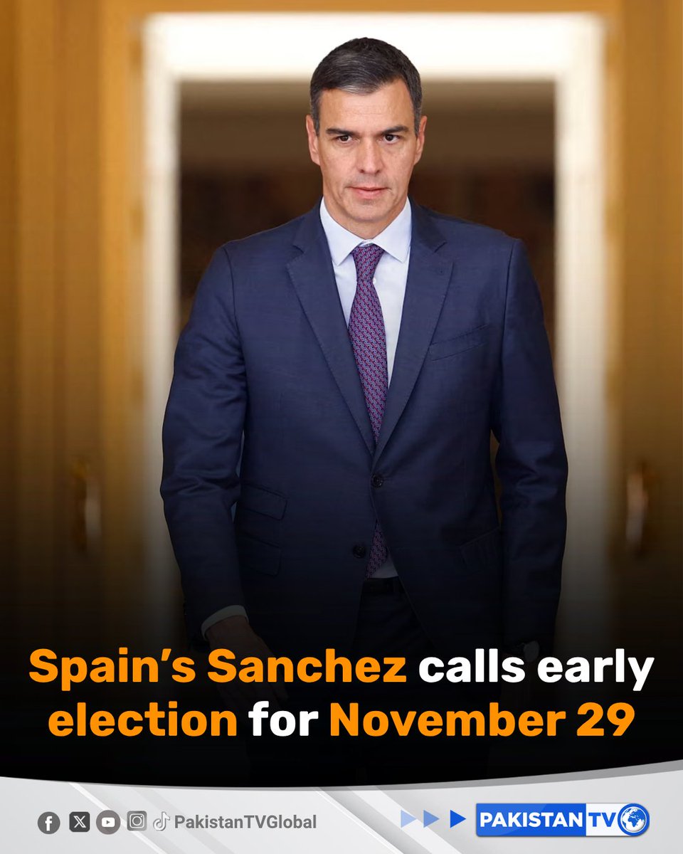 PakTVGlobal's tweet photo. Spanish Prime Minister Pedro Sanchez announces an early election for November 29 after parliament rejected housing relief measures proposed by his government.

#Spain #PedroSanchez #SpanishPolitics #EarlyElection #PakistanTV https://t.co/QNKgLwAO76
