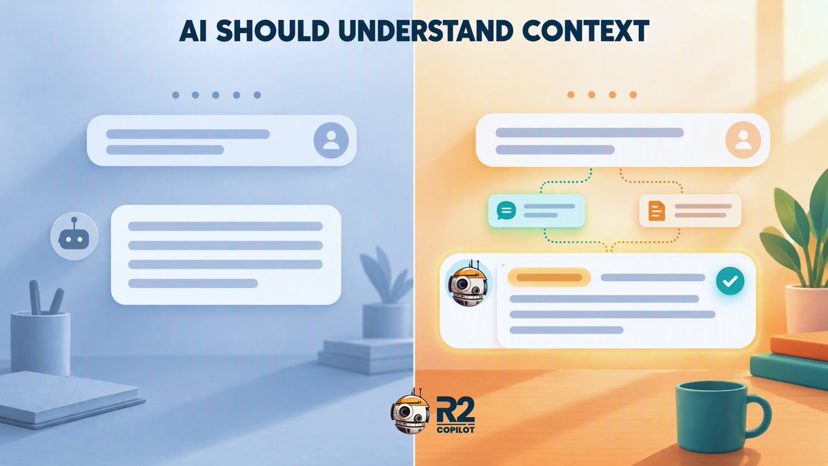 R2Copilot's tweet photo. AI should understand context, not just commands

“Write an email.”

vs.

“Reply to this client using the conversation context. Keep it professional and concise.”

The more context AI has, the more useful the result.

👉 https://t.co/h8ZV4YYHQI https://t.co/PXYbu2of2I
