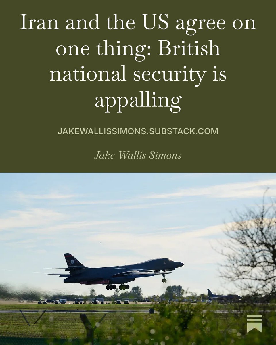 JakeWSimons's tweet photo. Does the British public understand how dangerous this is? America has pulled every one of its bombers out of RAF Fairford after intelligence of another Iran-backed threat became, as one account put it, “more specific”.
The departure was so urgent that several B-1 Lancers reportedly took off while their refuelling tankers for the Atlantic crossing were still being arranged. This is not some overseas base in a hostile country we are taking about. It is Gloucestershire. Gloucestershire.
Why is Iran targeting the base in Britain? The answer is obvious: it views our national security as weak. Why has the United States pulled its bombers out? Exactly the same reason. This is the one matter upon which the two adversaries seem to agree, and if anything should be taken as a red flag for British defence, it is this.
So while our deplorable government needlessly sabotages our relationship with Israel, the world’s leading intelligence provider, even though its tip-offs have kept countless British citizens safe, our national security has lost the confidence of its allies and is emboldening its enemies. That is a damning verdict, and a deeply worrying one.
But that’s not the whole story. Take a closer look and it gets even worse…
New post. Link in first reply